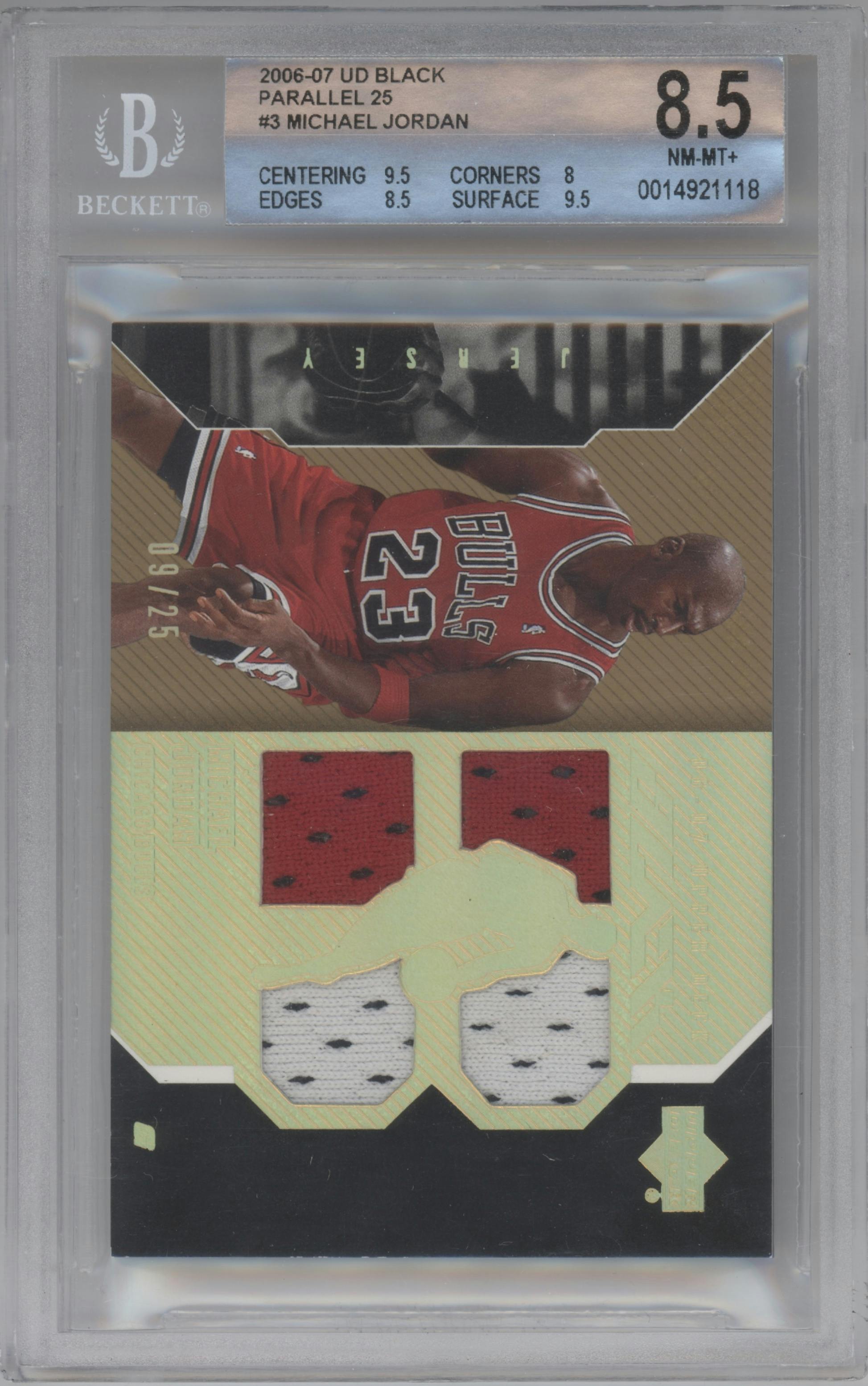 Michael Jordan from the 2006-07 UD Black set featuring a Gold parallel graded by Beckett and given an overall grade of 8.5.