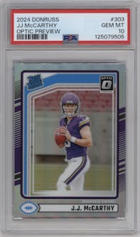 J.J. McCarthy from the 2024 Donruss set featuring a Holo parallel graded by PSA and given an overall grade of 10.
