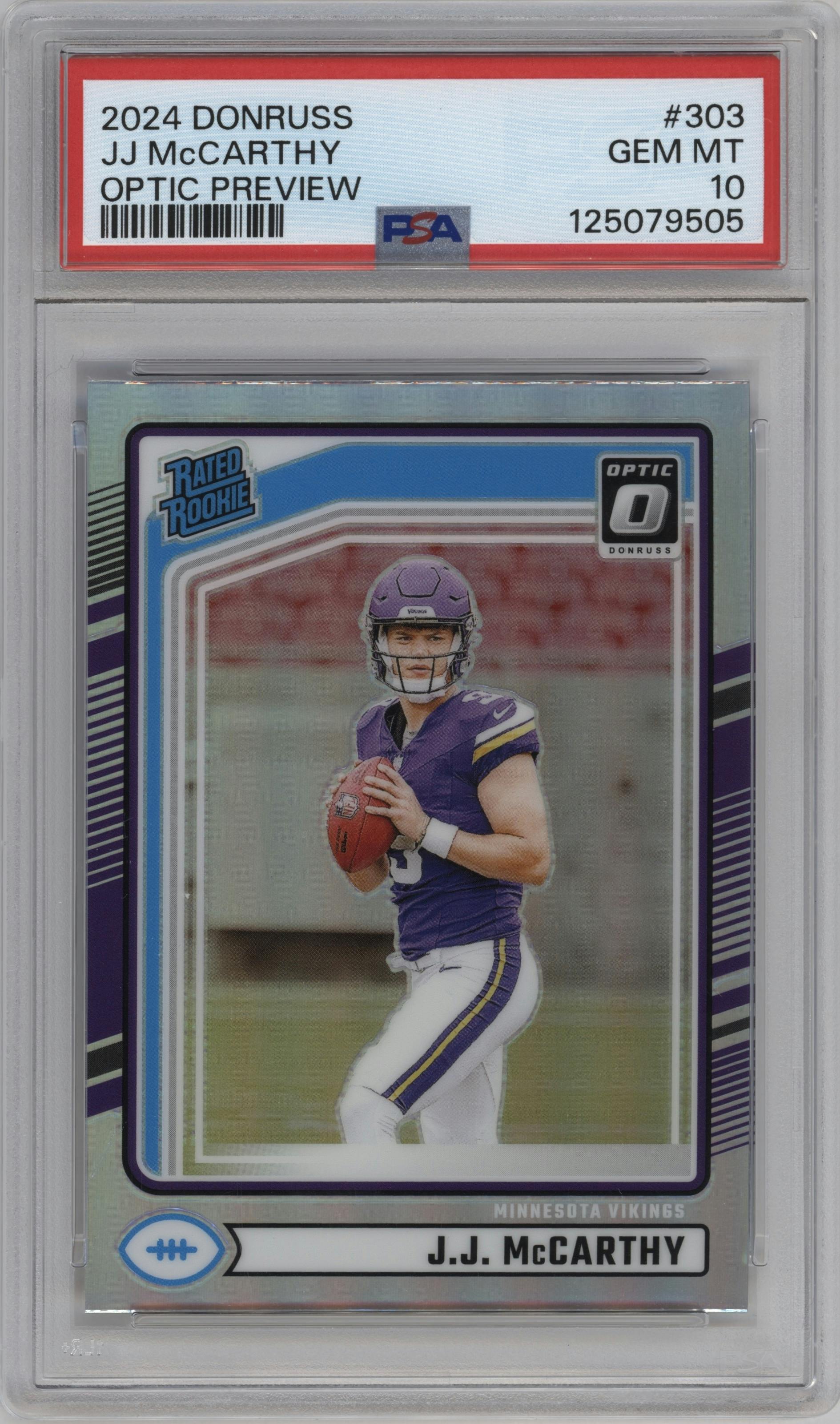 J.J. McCarthy from the 2024 Donruss set featuring a Holo parallel graded by PSA and given an overall grade of 10.