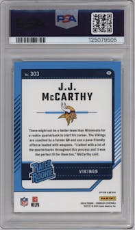 J.J. McCarthy from the 2024 Donruss set featuring a Holo parallel graded by PSA and given an overall grade of 10.