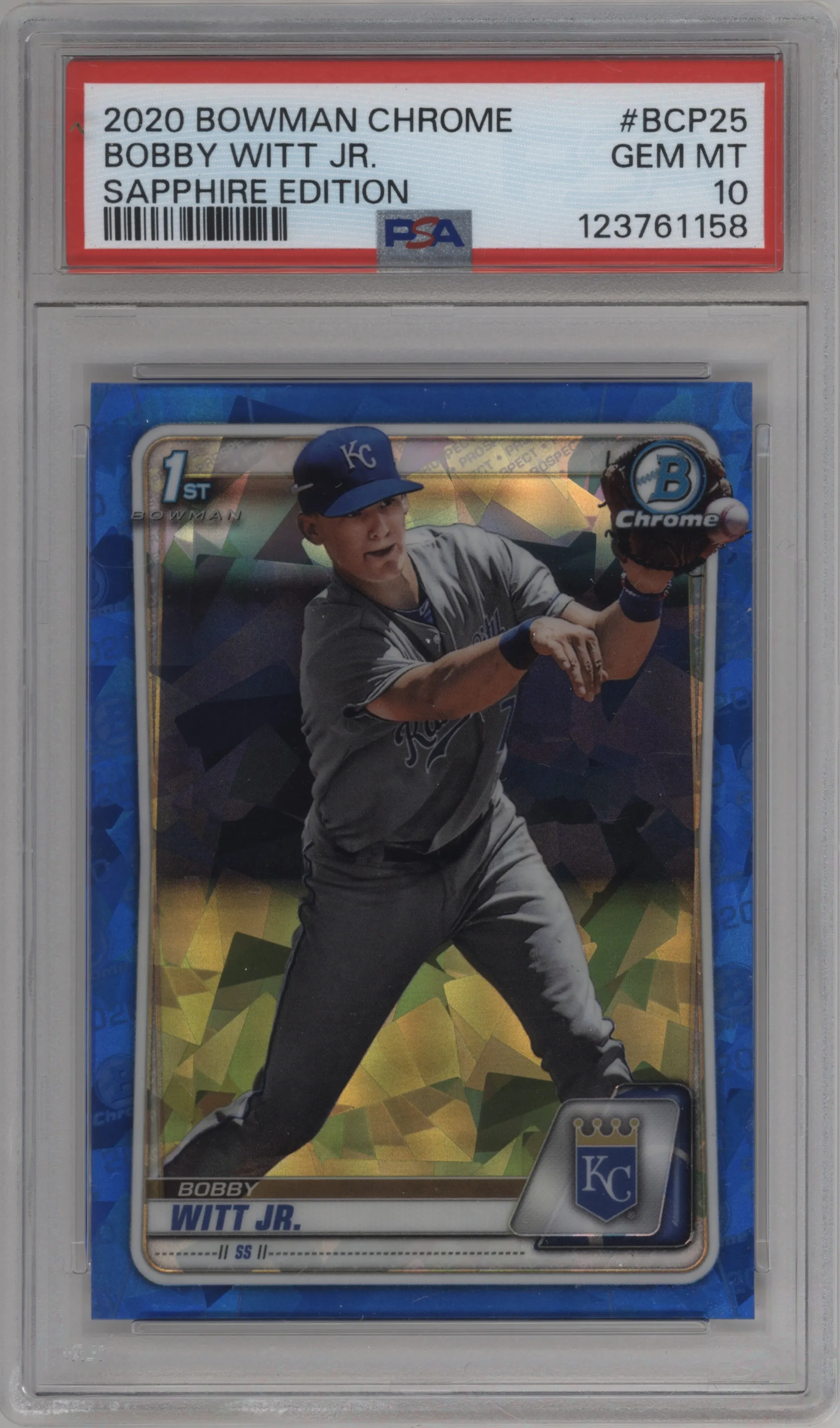 Bobby Witt Jr. from the 2020 Bowman Sapphire Edition set graded by PSA and given an overall grade of 10.