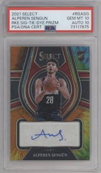 Alperen Sengun from the 2021-22 Panini Select set featuring a Tie-Dye parallel graded by PSA and given an overall grade of 10.