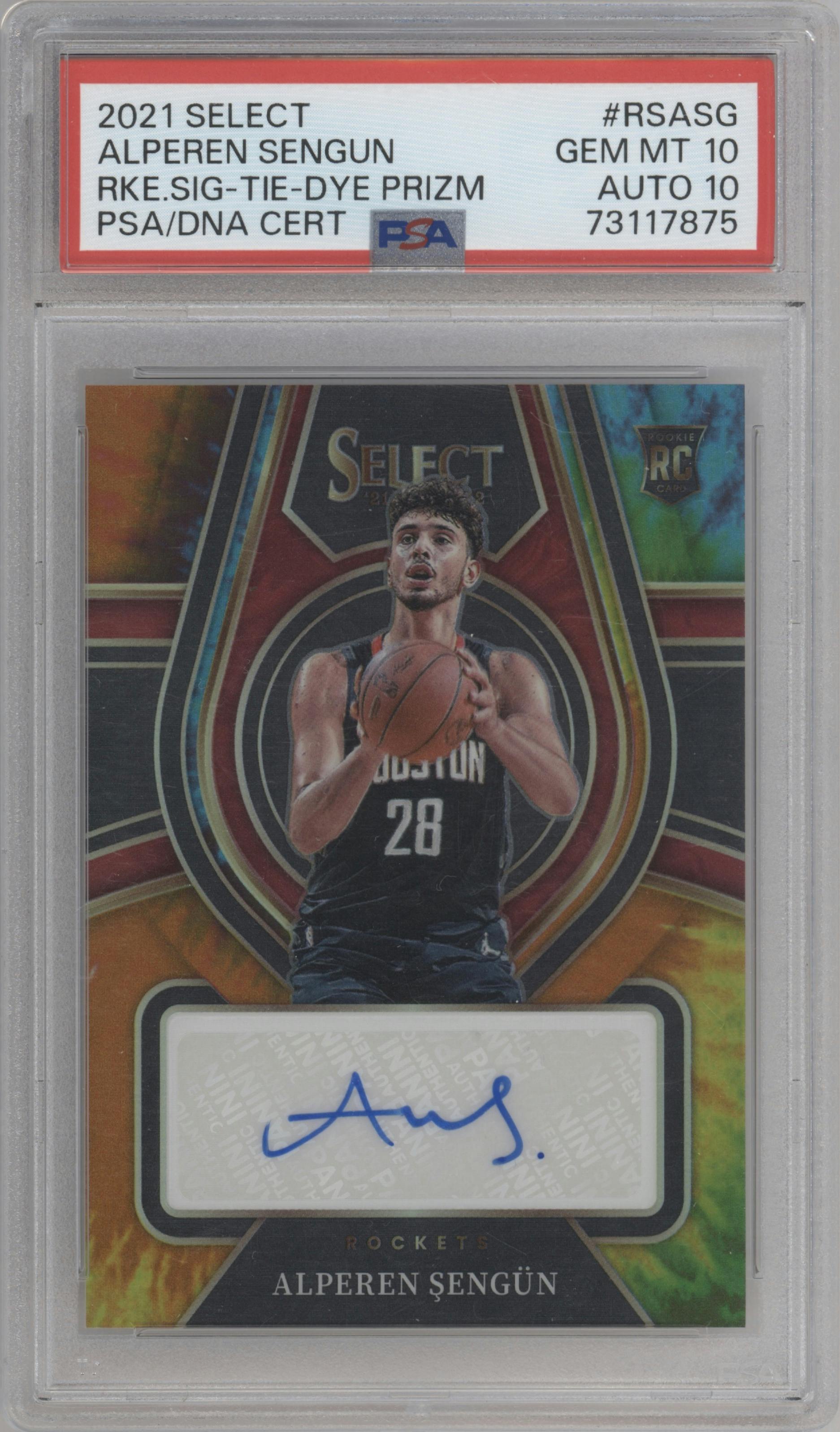 Alperen Sengun from the 2021-22 Panini Select set featuring a Tie-Dye parallel graded by PSA and given an overall grade of 10.