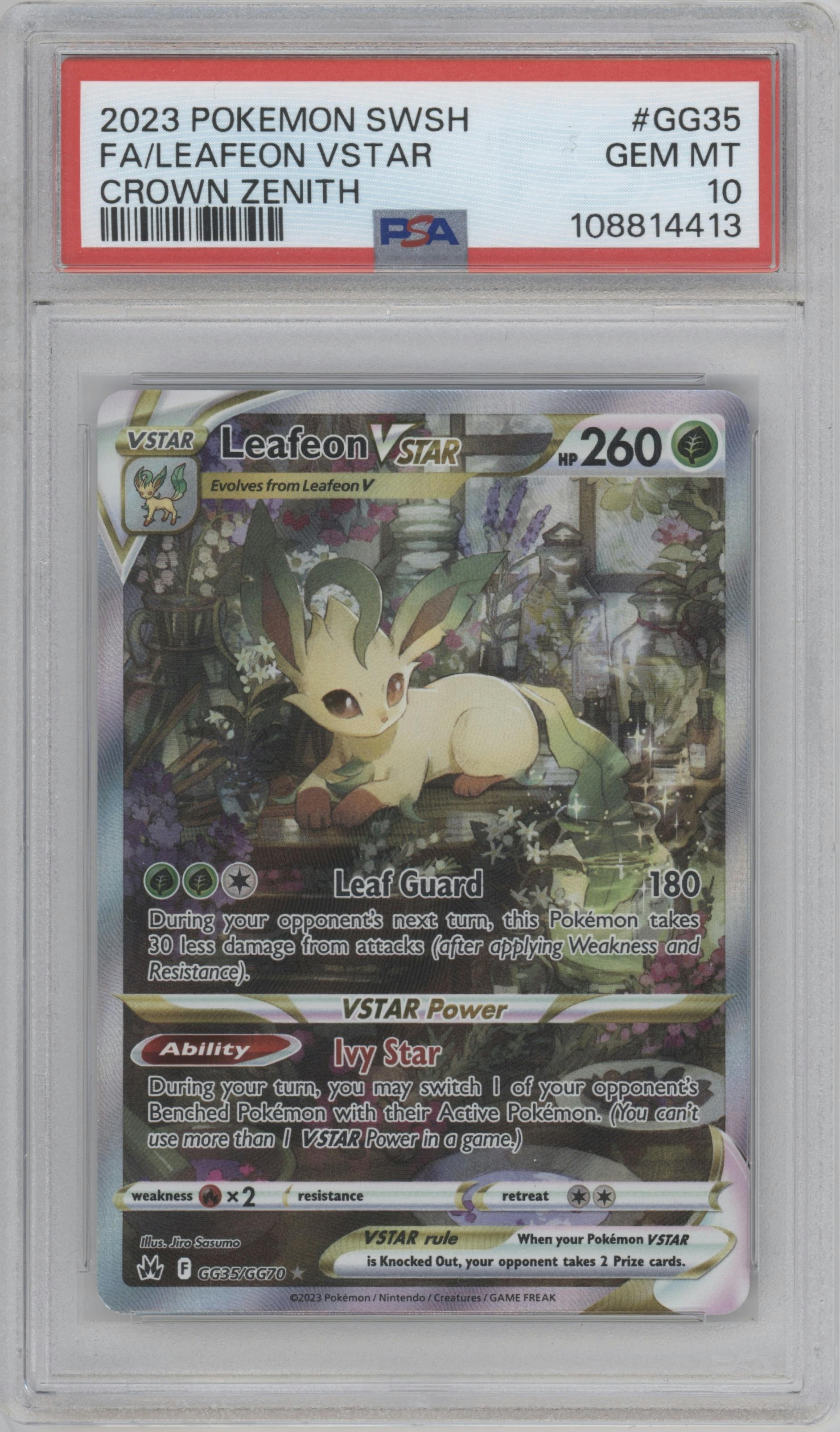 Leafeon VSTAR from the 2023 Pokemon SWSH set graded by PSA and given an overall grade of 10.