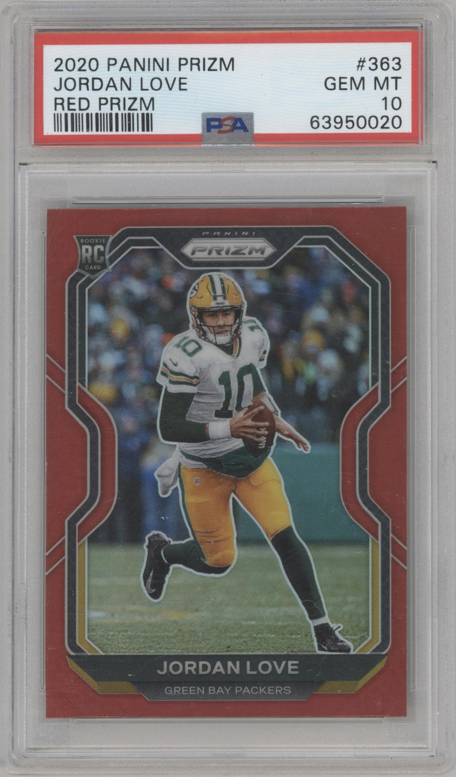 Jordan Love from the 2020 Panini Prizm set featuring a Red Prizm parallel graded by PSA and given an overall grade of 10.