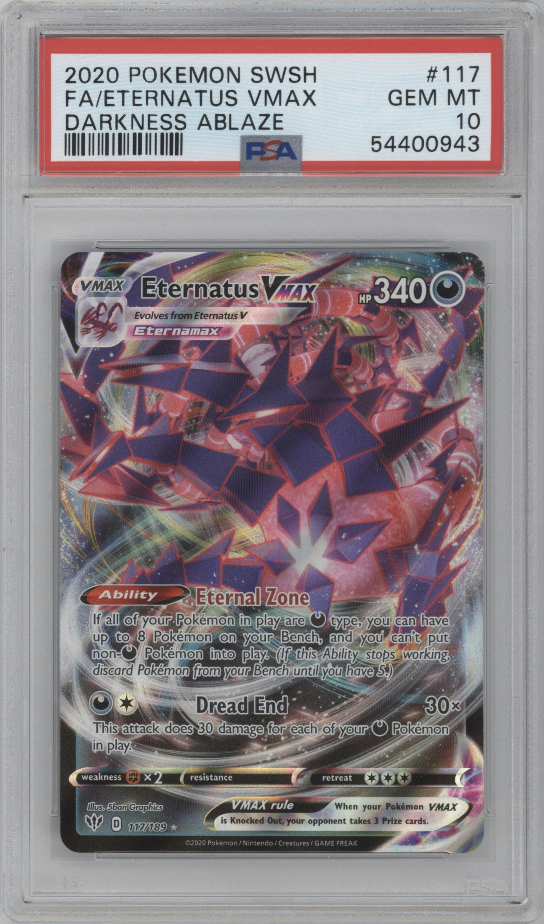 Eternatus VMAX from the 2020 Pokemon SWSH set graded by PSA and given an overall grade of 10.