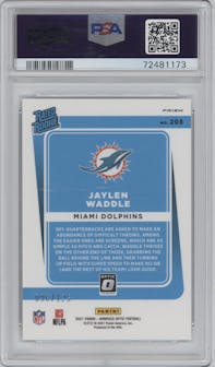 Jaylen Waddle from the 2021 Panini Donruss Optic set featuring a Silver Circles parallel graded by PSA and given an overall grade of 10.