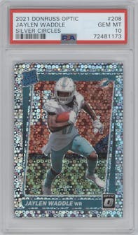 Jaylen Waddle from the 2021 Panini Donruss Optic set featuring a Silver Circles parallel graded by PSA and given an overall grade of 10.