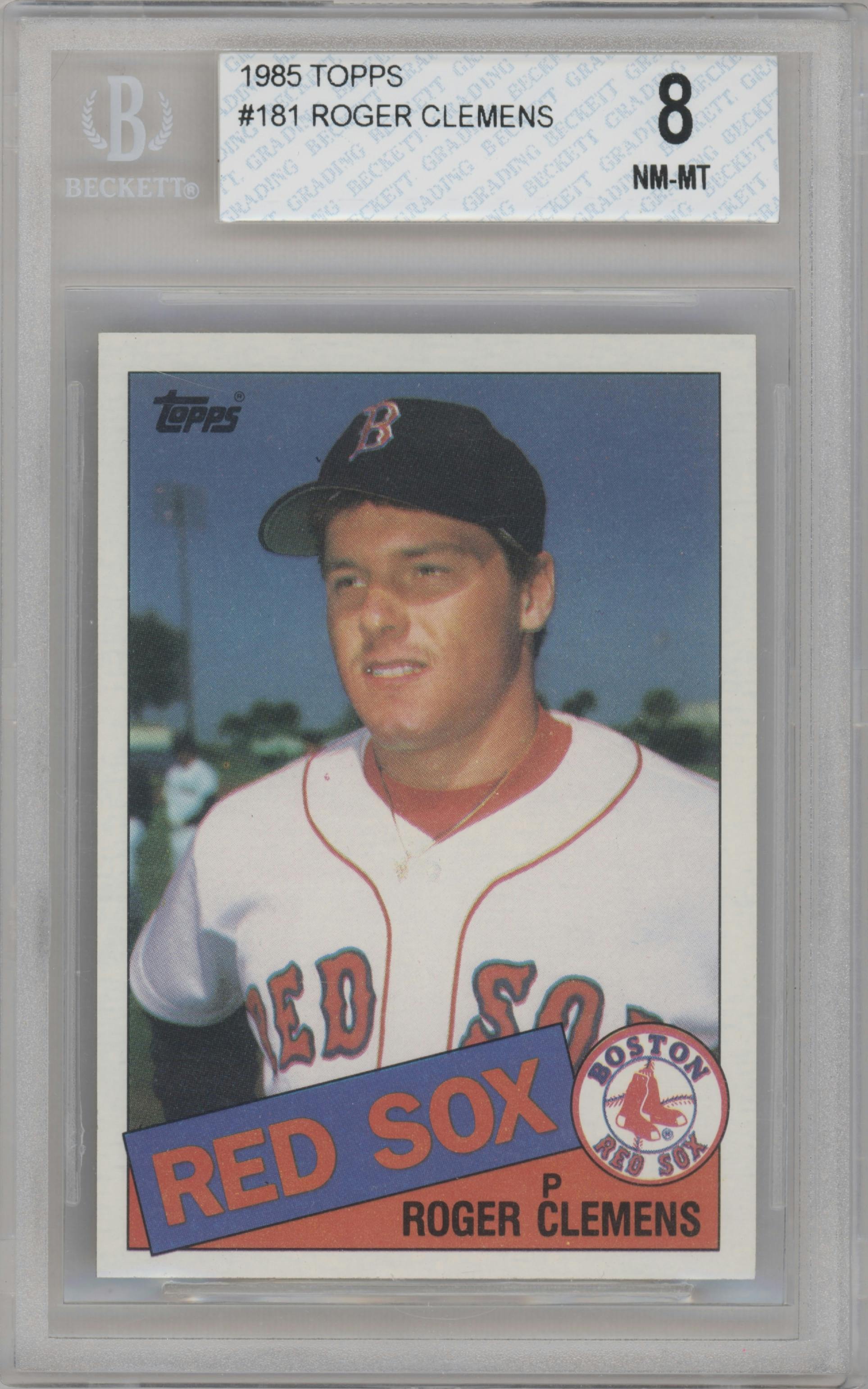 Roger Clemens from the 1985 Topps set graded by Beckett and given an overall grade of 8.