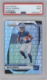 Malik Nabers from the 2024 Panini Prizm set featuring a Pandora parallel graded by PSA and given an overall grade of 9.