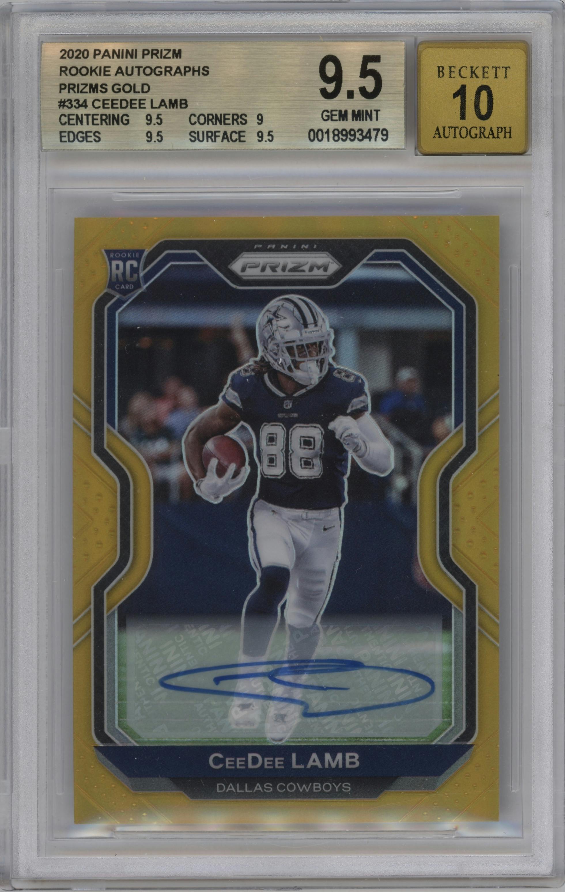 CeeDee Lamb from the 2020 Panini Prizm set featuring a Gold Prizm parallel graded by Beckett and given an overall grade of 9.5.