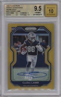 CeeDee Lamb from the 2020 Panini Prizm set featuring a Gold Prizm parallel graded by Beckett and given an overall grade of 9.5.