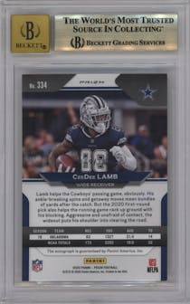 CeeDee Lamb from the 2020 Panini Prizm set featuring a Gold Prizm parallel graded by Beckett and given an overall grade of 9.5.