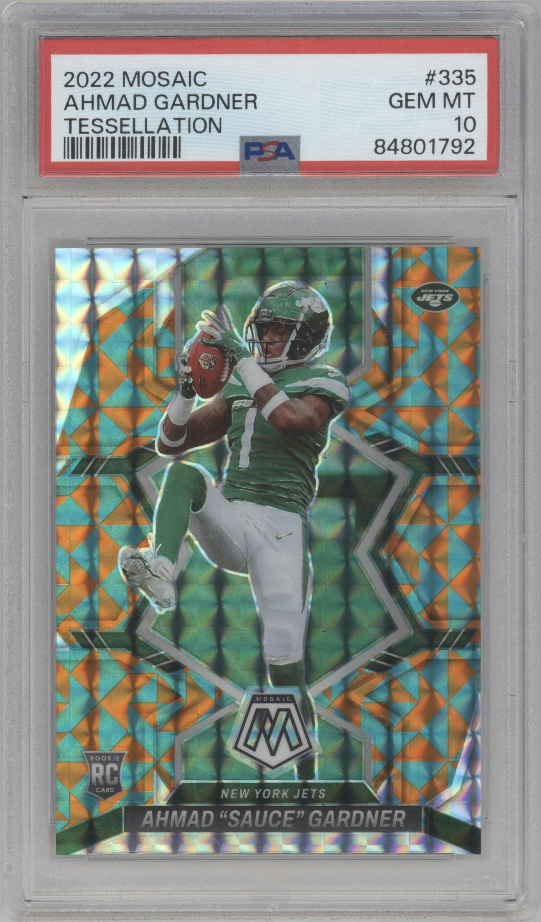 Ahmad "Sauce" Gardner from the 2022 Panini Mosaic set featuring a Tessellation parallel graded by PSA and given an overall grade of 10.