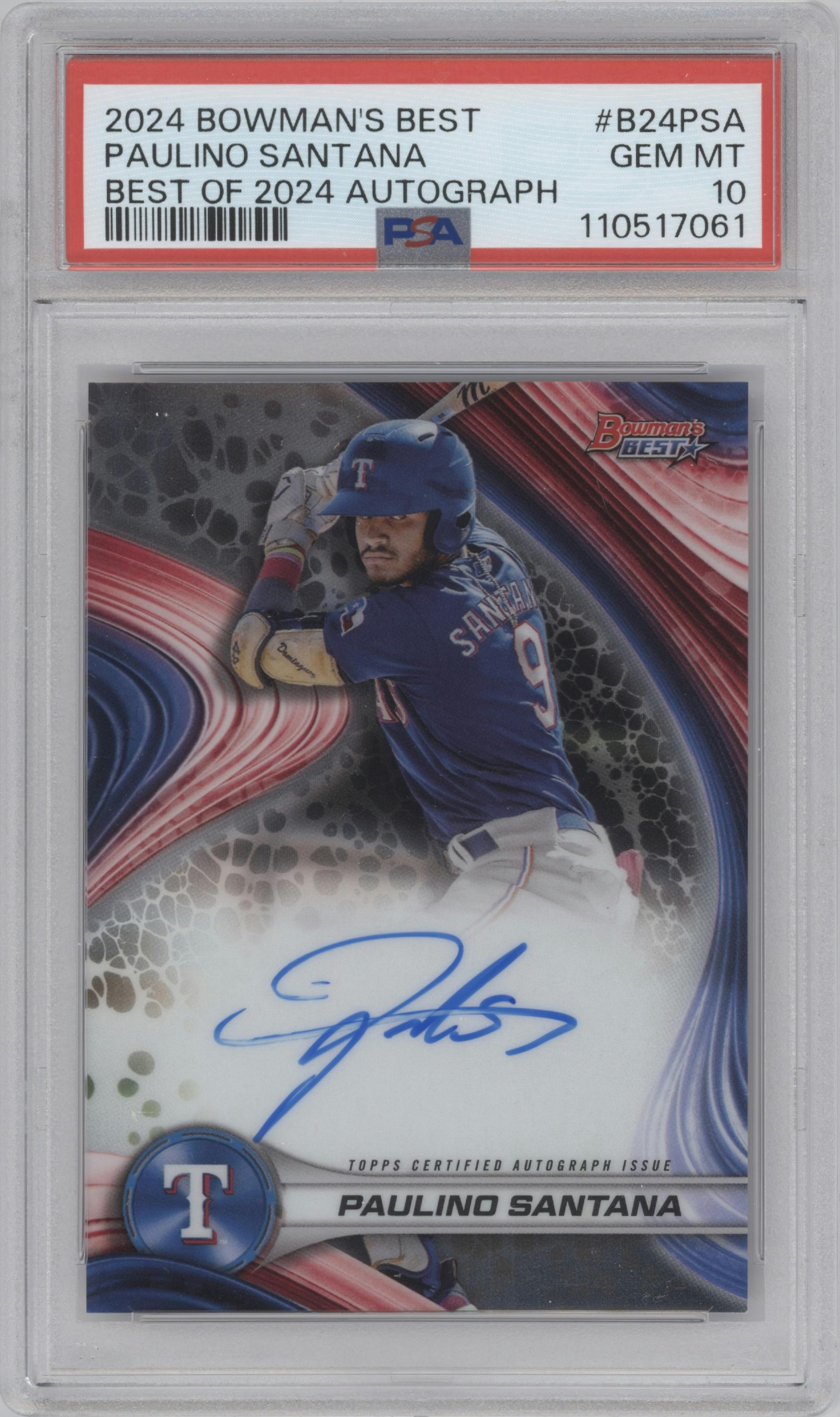 Paulino Santana from the 2024 Bowman's Best set graded by PSA and given an overall grade of 10.