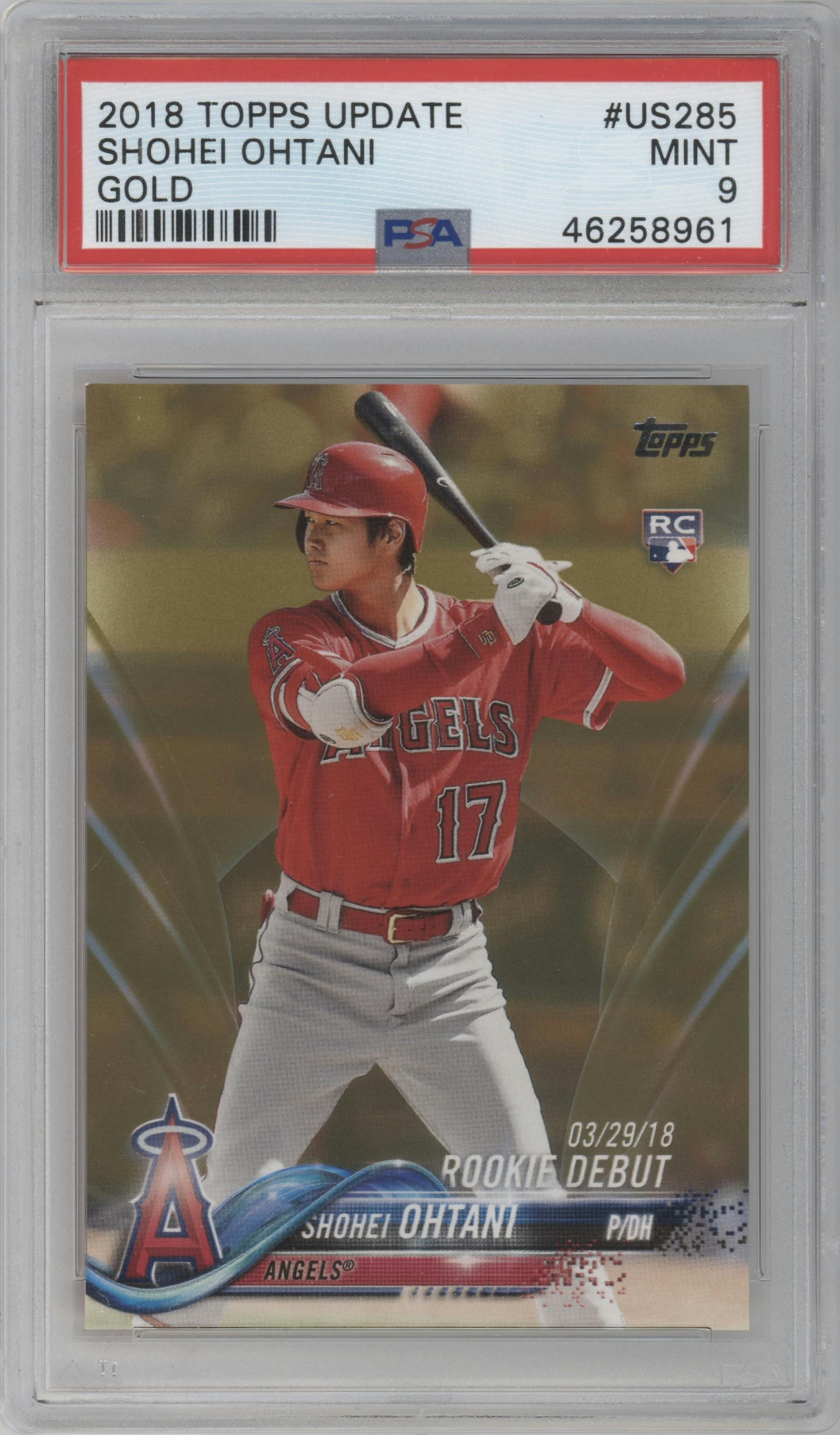 Shohei Ohtani from the 2018 Topps Update set featuring a Gold parallel graded by PSA and given an overall grade of 9.