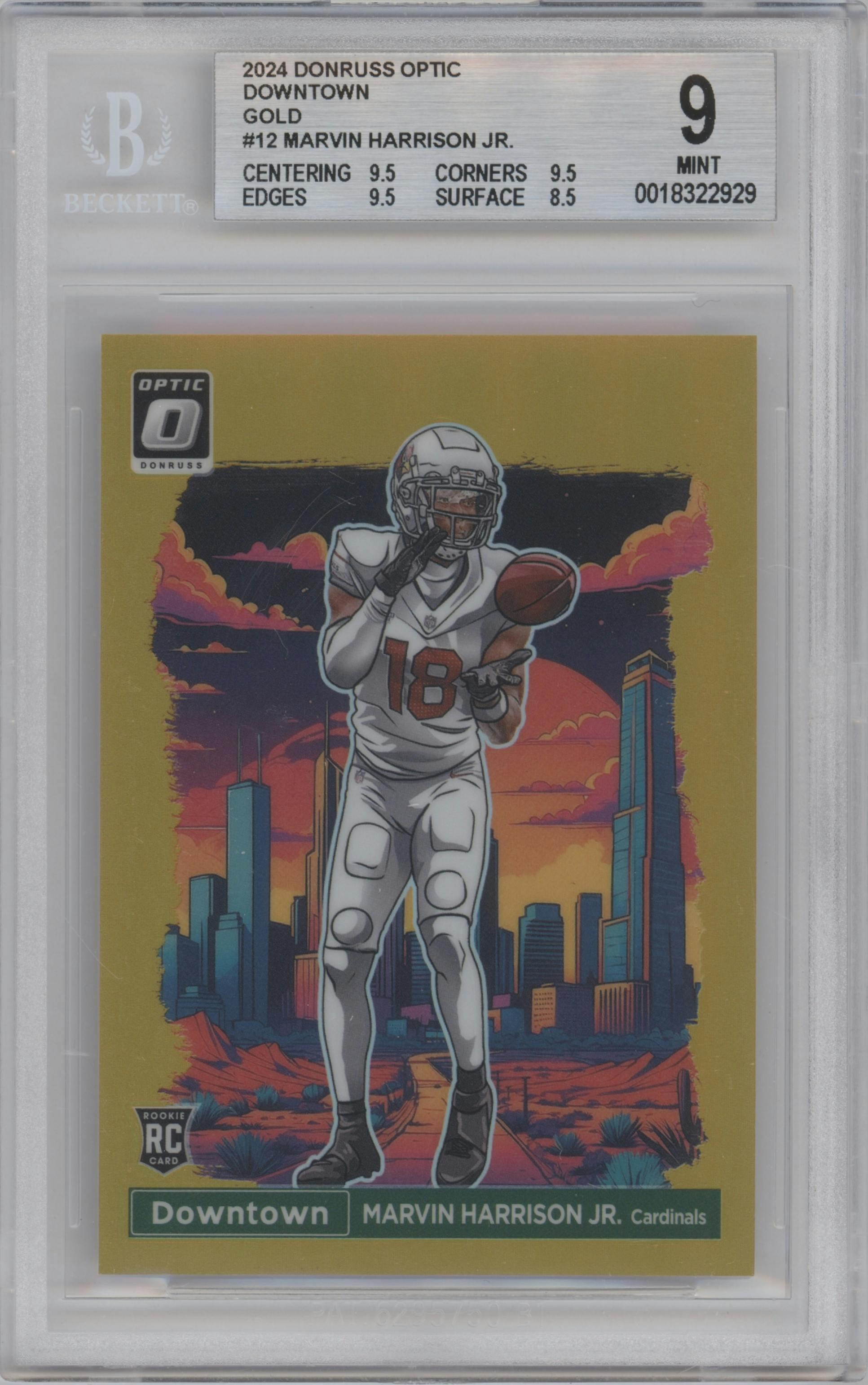 Marvin Harrison Jr. from the 2024 Donruss Optic set featuring a Gold parallel graded by Beckett and given an overall grade of 9.