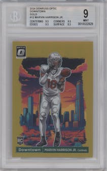 Marvin Harrison Jr. from the 2024 Donruss Optic set featuring a Gold parallel graded by Beckett and given an overall grade of 9.