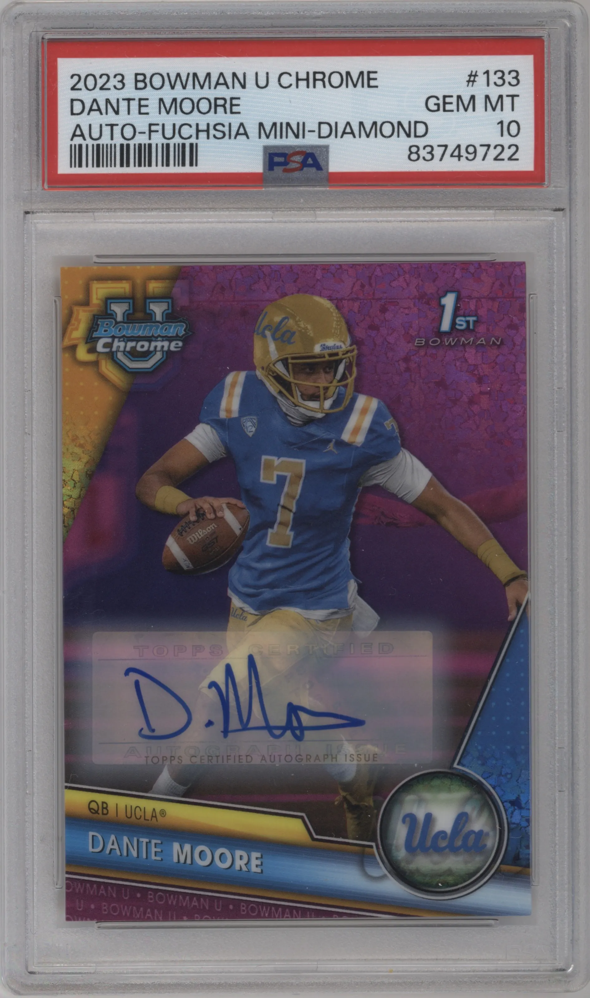 2023 Bowman Chrome University Chr.Pros.Auto Dante Moore Fuschia Mini-Diamond Refractor #133 PSA 10