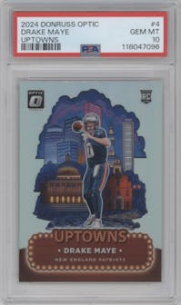 Drake Maye from the 2024 Donruss Optic set graded by PSA and given an overall grade of 10.
