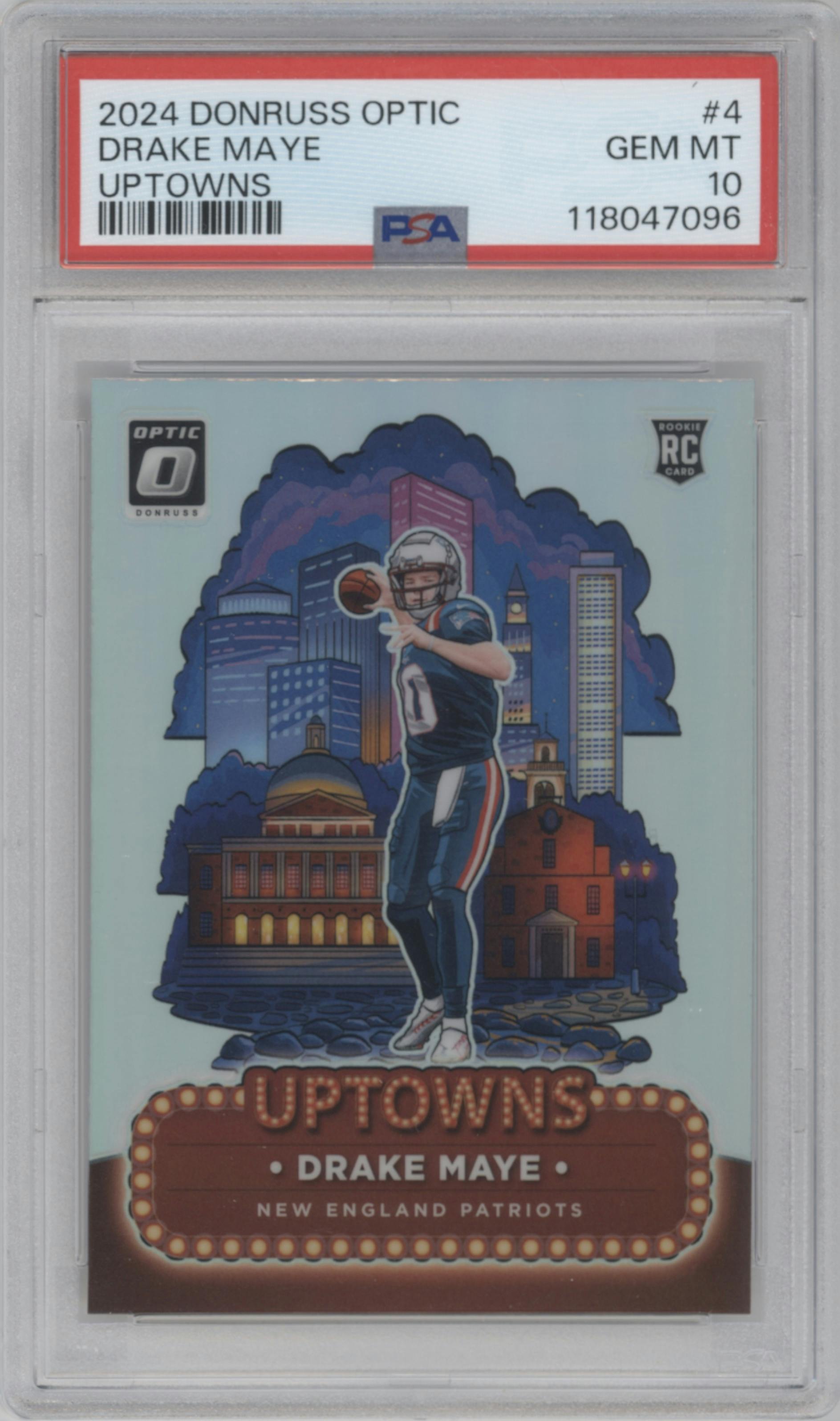Drake Maye from the 2024 Donruss Optic set graded by PSA and given an overall grade of 10.