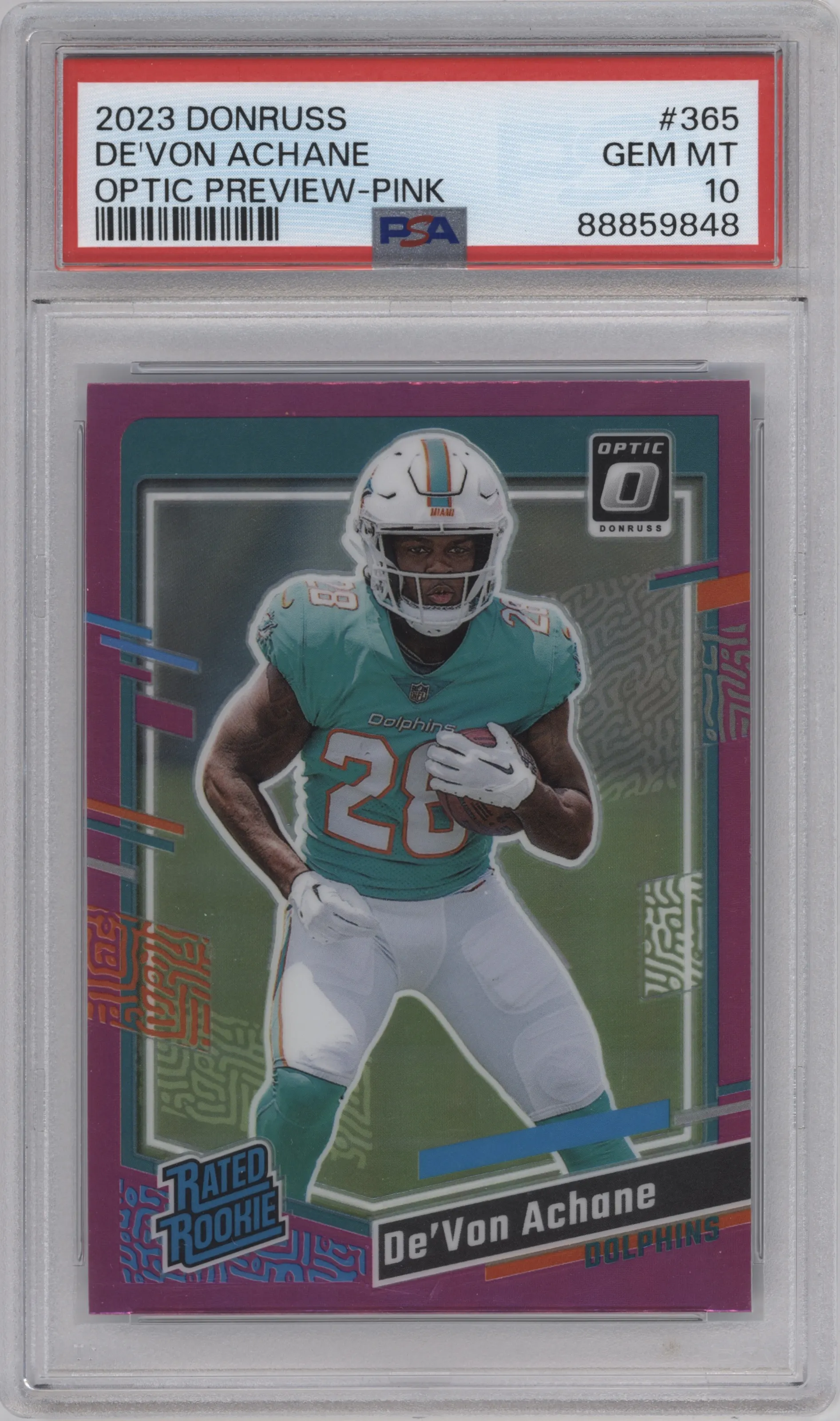 2023 Panini Donruss Opt.Rtd.Rke.Prev. De'Von Achane Pink PSA 10