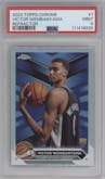 Victor Wembanyama from the 2023-24 Topps Chrome set featuring a Refractor parallel graded by PSA and given an overall grade of 9.