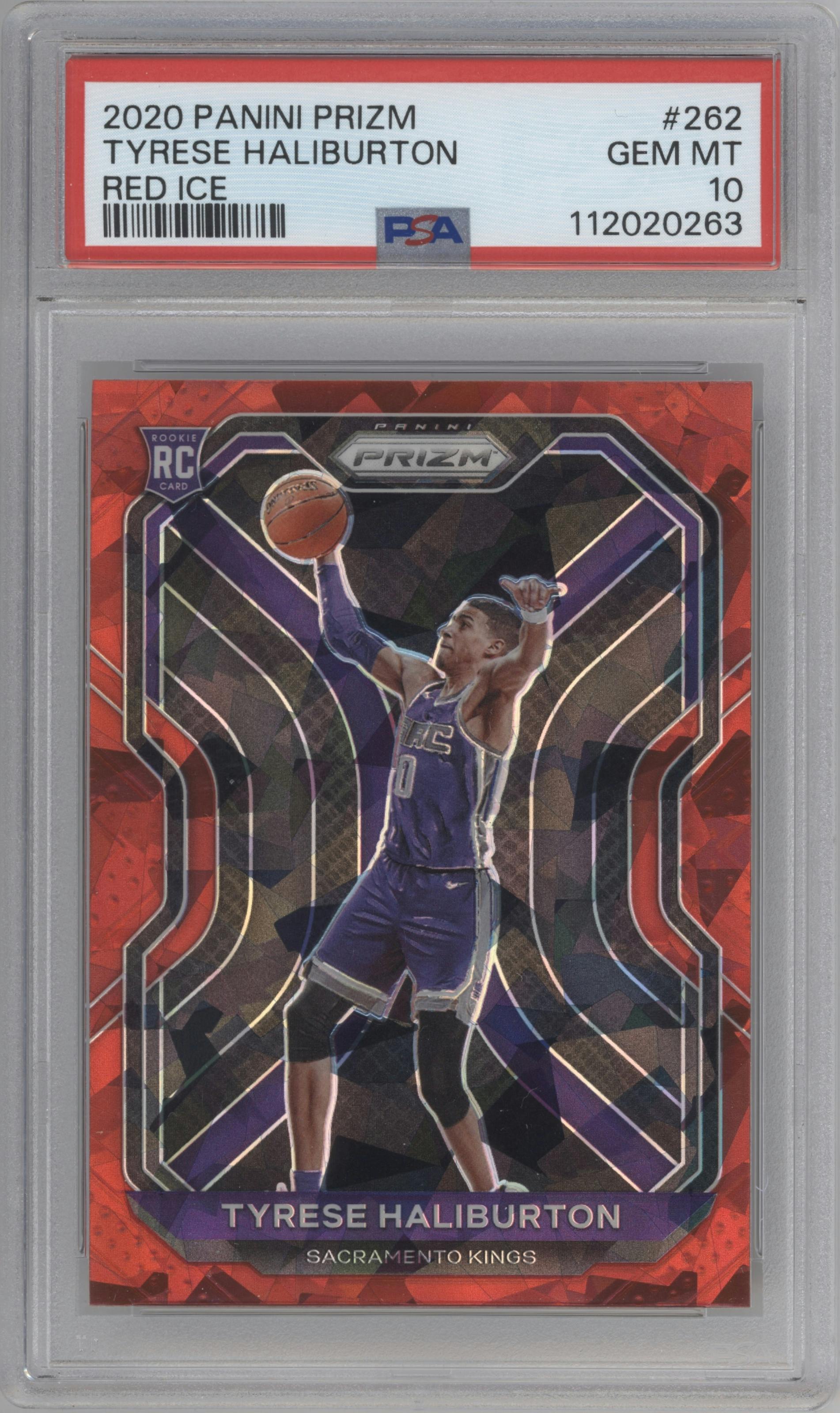 Tyrese Haliburton from the 2020-21 Panini Prizm set featuring a Red Ice parallel graded by PSA and given an overall grade of 10.