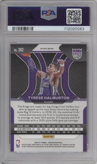 Tyrese Haliburton from the 2020-21 Panini Prizm set featuring a Red Ice parallel graded by PSA and given an overall grade of 10.