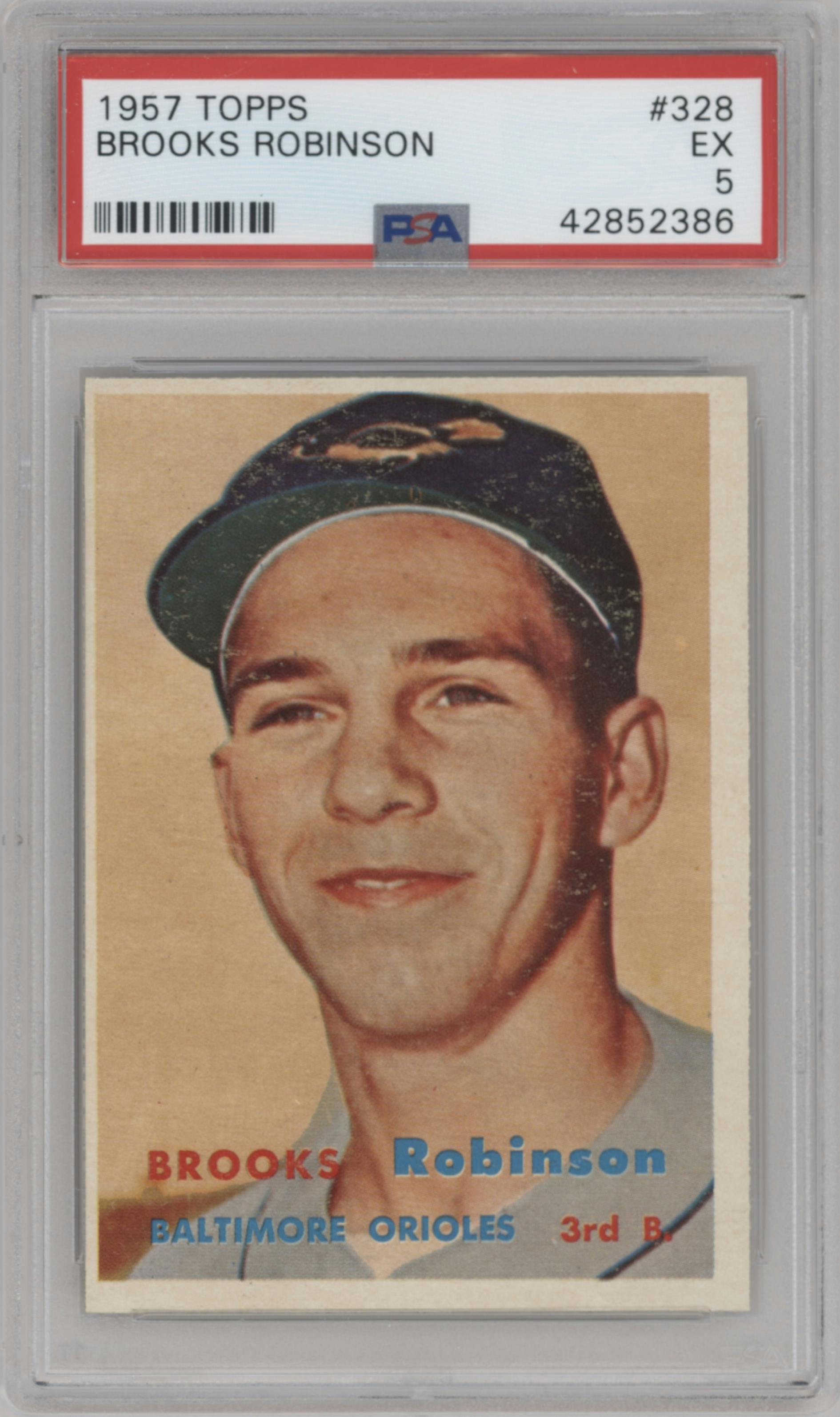 Brooks Robinson from the 1957 Topps set graded by PSA and given an overall grade of 5.
