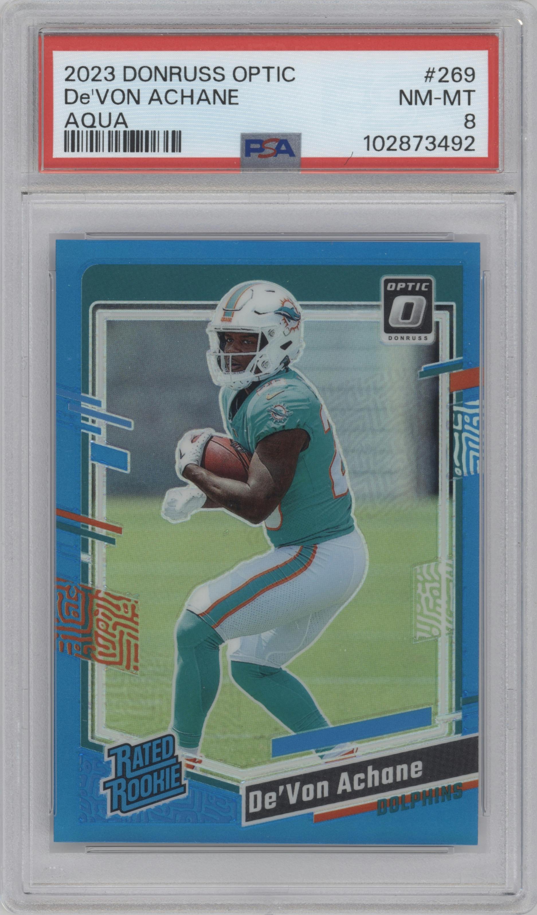 De'Von Achane from the 2023 Donruss Optic set featuring a Aqua parallel graded by PSA and given an overall grade of 8.