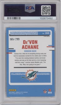 De'Von Achane from the 2023 Donruss Optic set featuring a Aqua parallel graded by PSA and given an overall grade of 8.