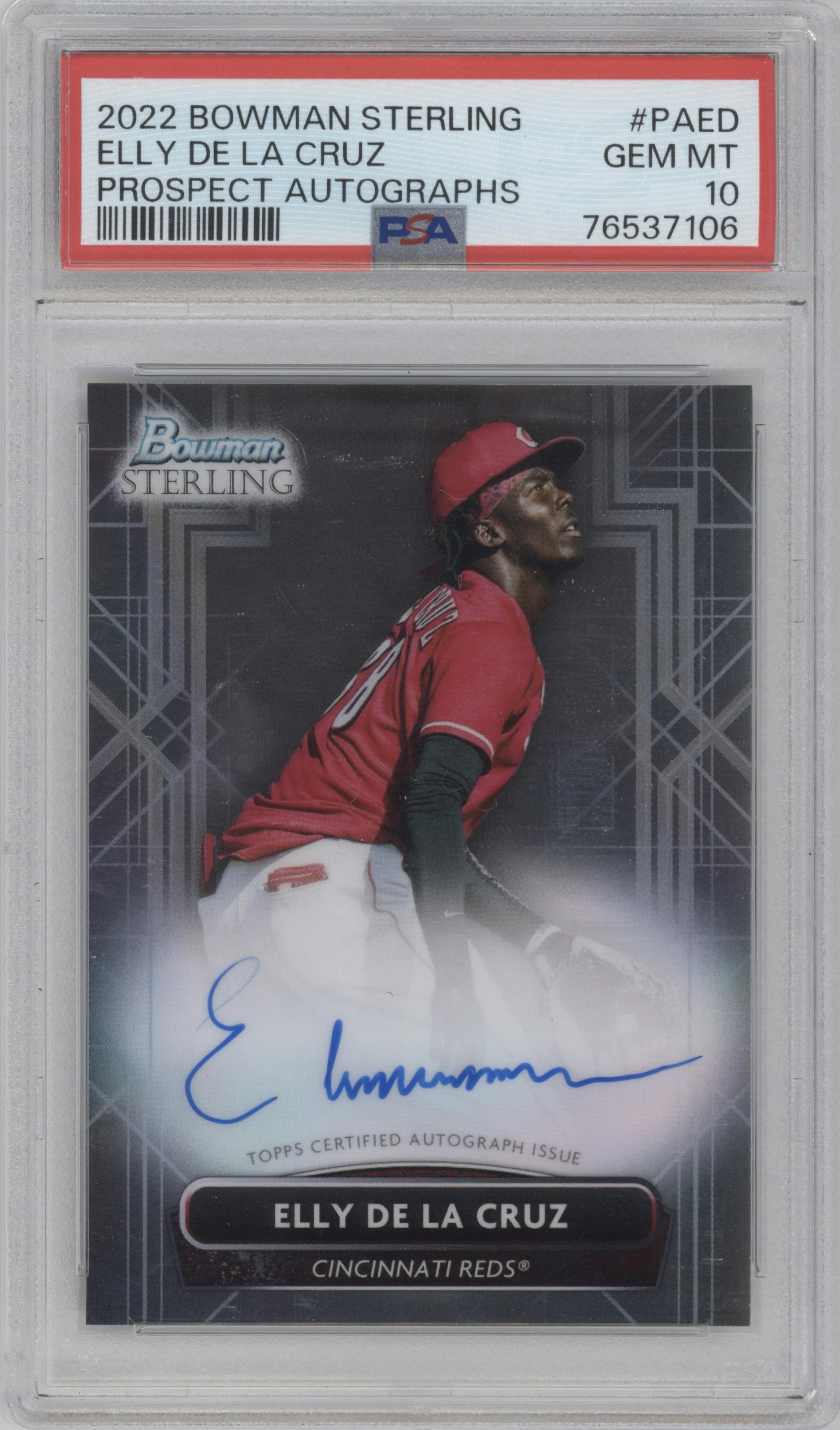 Elly De La Cruz from the 2022 Bowman Sterling set graded by PSA and given an overall grade of 10.