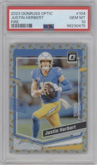 Justin Herbert from the 2023 Donruss Optic set featuring a Fire parallel graded by PSA and given an overall grade of 10.
