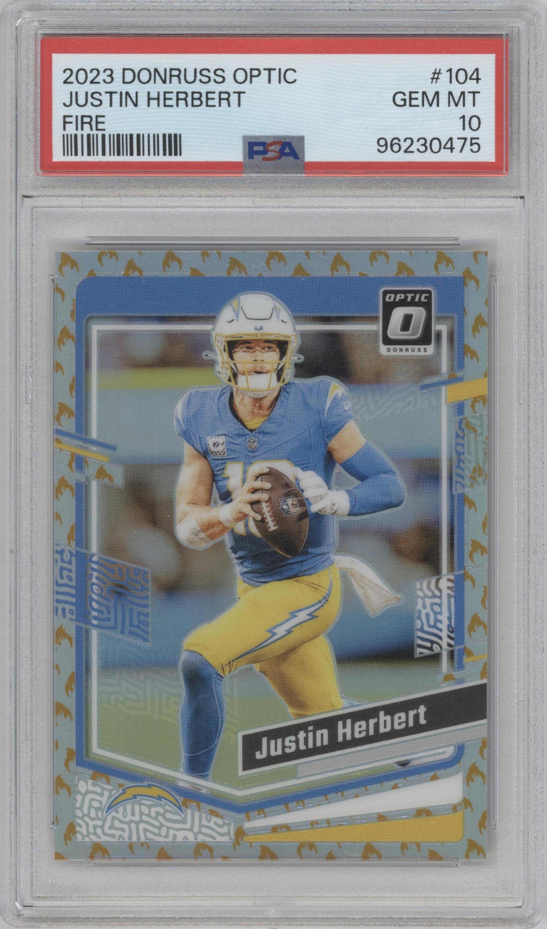 Justin Herbert from the 2023 Donruss Optic set featuring a Fire parallel graded by PSA and given an overall grade of 10.