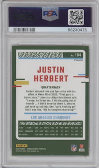 Justin Herbert from the 2023 Donruss Optic set featuring a Fire parallel graded by PSA and given an overall grade of 10.