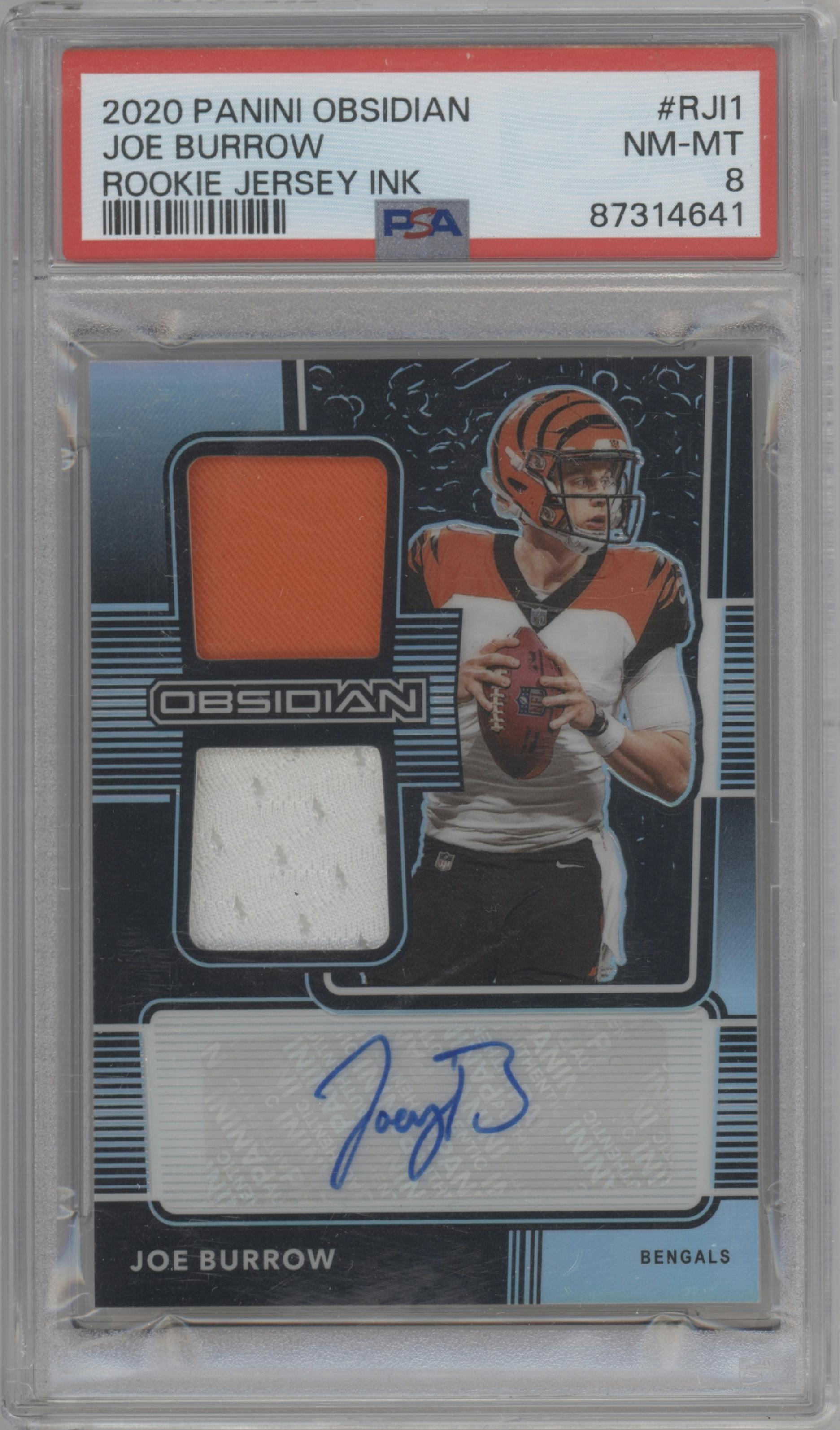 Joe Burrow from the 2020 Panini Obsidian set graded by PSA and given an overall grade of 8.