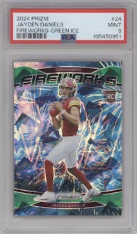 Jayden Daniels from the 2024 Panini Prizm set featuring a Green Ice parallel graded by PSA and given an overall grade of 9.