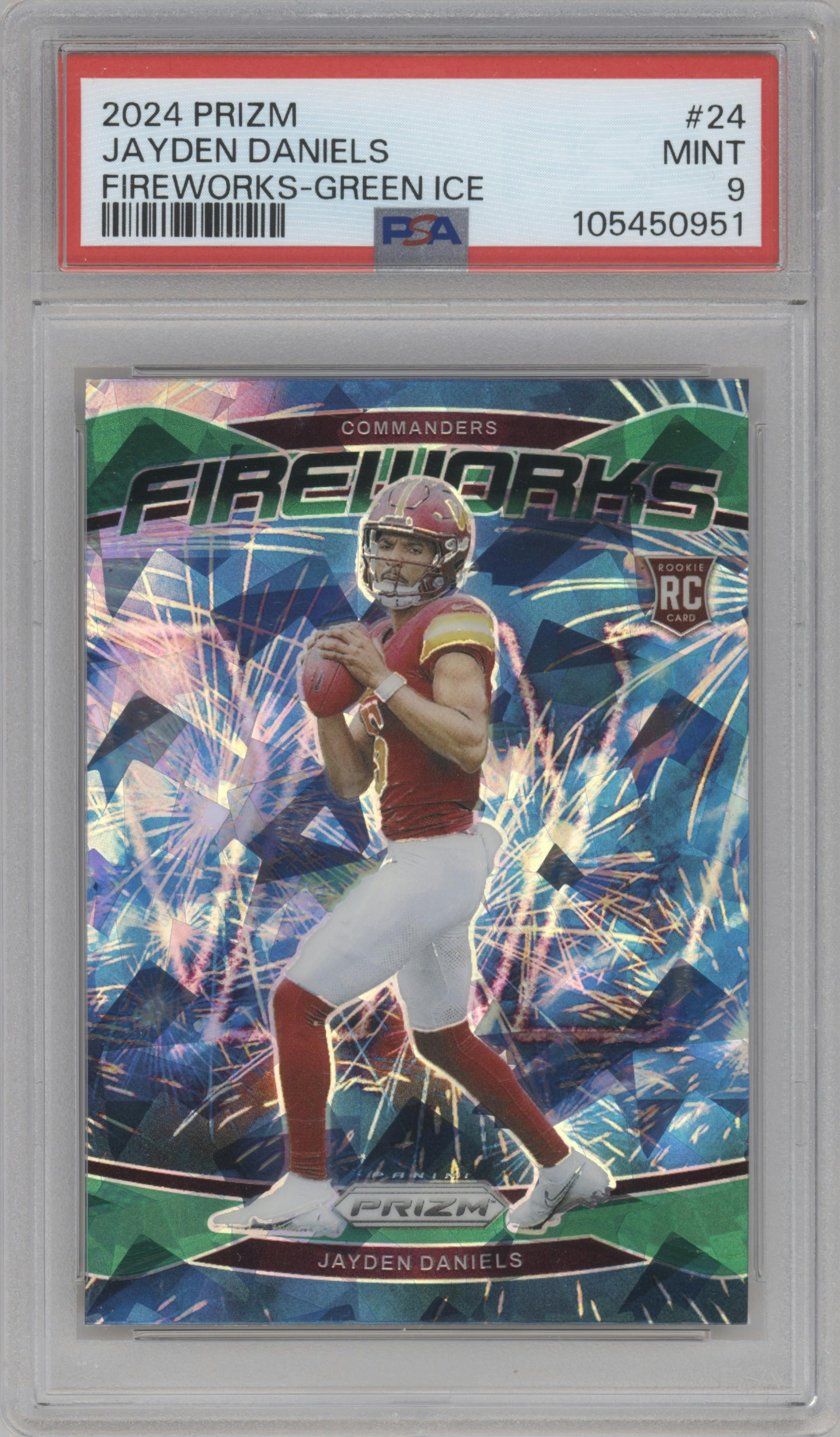 Jayden Daniels from the 2024 Panini Prizm set featuring a Green Ice parallel graded by PSA and given an overall grade of 9.