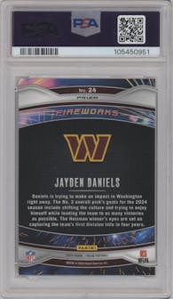 Jayden Daniels from the 2024 Panini Prizm set featuring a Green Ice parallel graded by PSA and given an overall grade of 9.