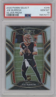 Joe Burrow from the 2020 Panini Select set featuring a Silver Prizm parallel graded by PSA and given an overall grade of 10.