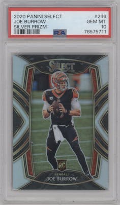 Joe Burrow from the 2020 Panini Select set featuring a Silver Prizm parallel graded by PSA and given an overall grade of 10.