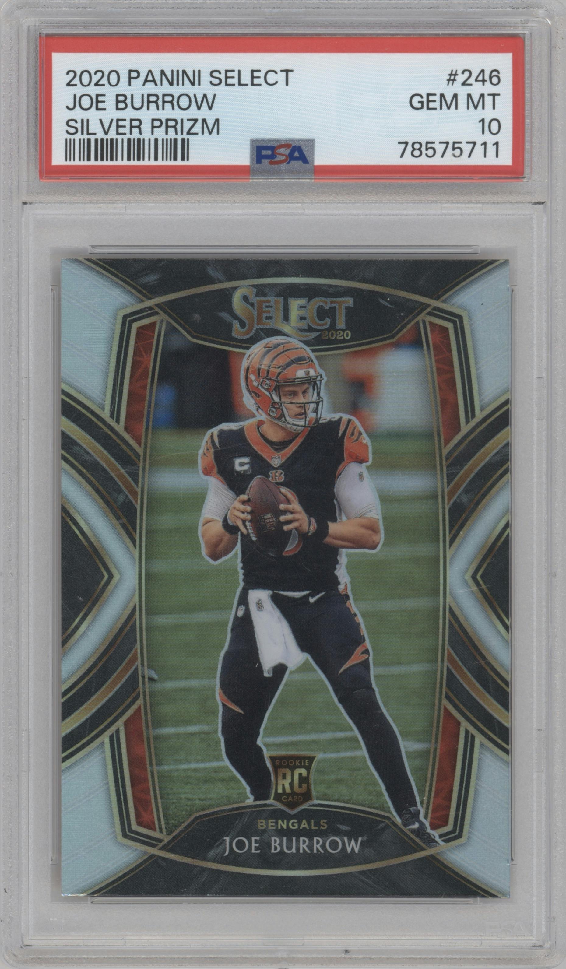 Joe Burrow from the 2020 Panini Select set featuring a Silver Prizm parallel graded by PSA and given an overall grade of 10.