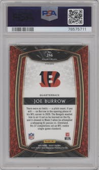 Joe Burrow from the 2020 Panini Select set featuring a Silver Prizm parallel graded by PSA and given an overall grade of 10.