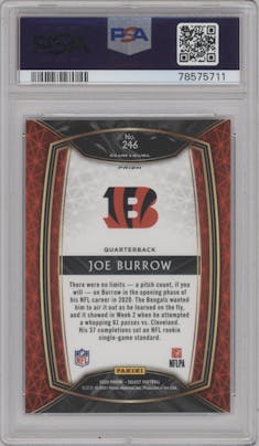 Joe Burrow from the 2020 Panini Select set featuring a Silver Prizm parallel graded by PSA and given an overall grade of 10.