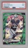 Brock Bowers from the 2024 Panini Prizm set featuring a Green Ice parallel graded by PSA and given an overall grade of 9.