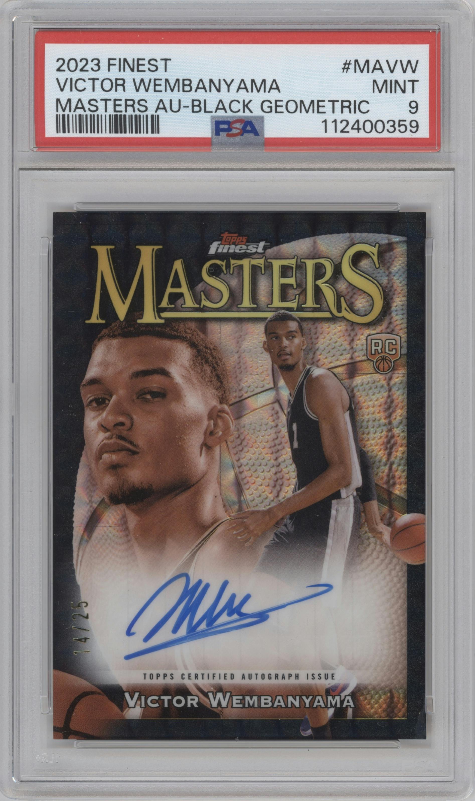 Victor Wembanyama from the 2023-24 Finest set featuring a Black Geometric Refractor parallel graded by PSA and given an overall grade of 9.