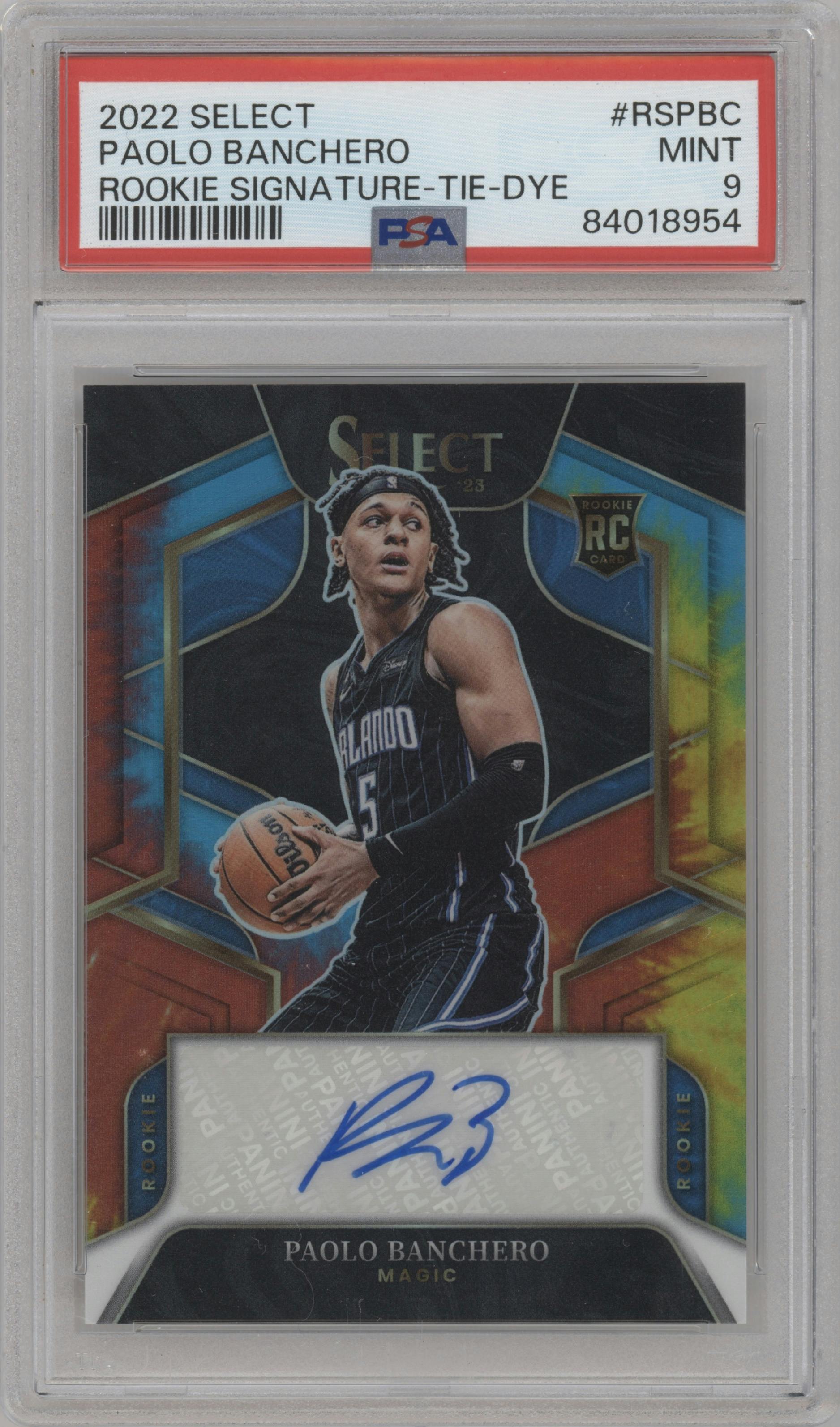 Paolo Banchero from the 2022-23 Panini Select set featuring a Tie-Dye Prizm parallel graded by PSA and given an overall grade of 9.
