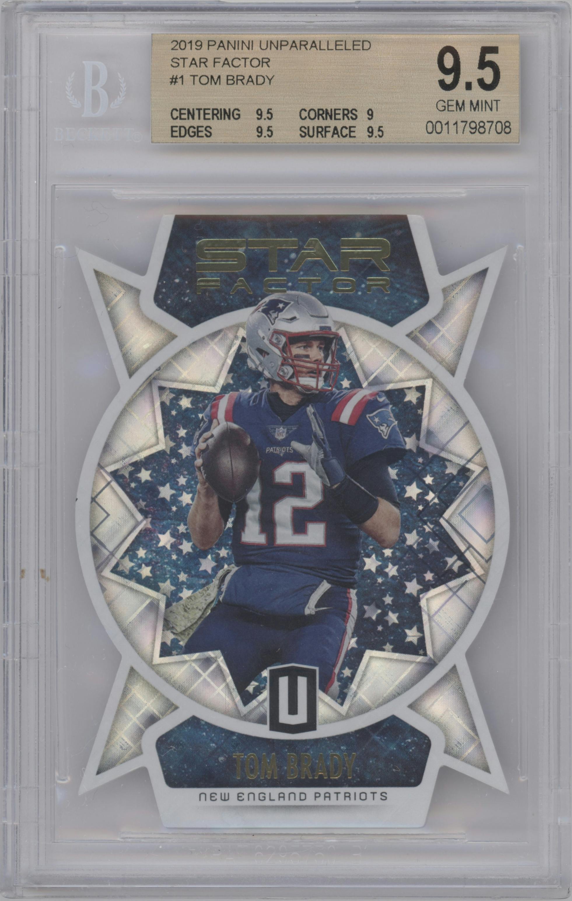 Tom Brady from the 2019 Panini Unparalleled set graded by Beckett and given an overall grade of 9.5.