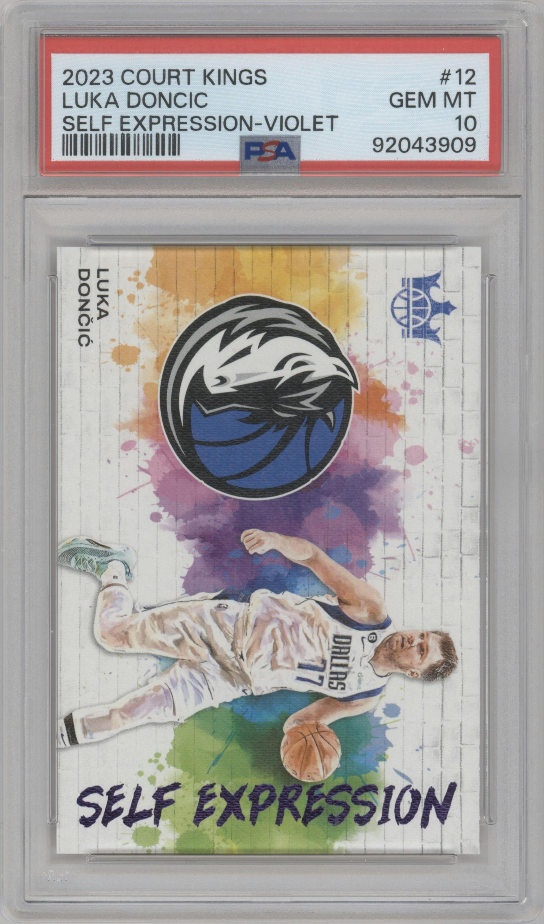 Luka Doncic from the 2023-24 Panini Court Kings set featuring a Violet parallel graded by PSA and given an overall grade of 10.